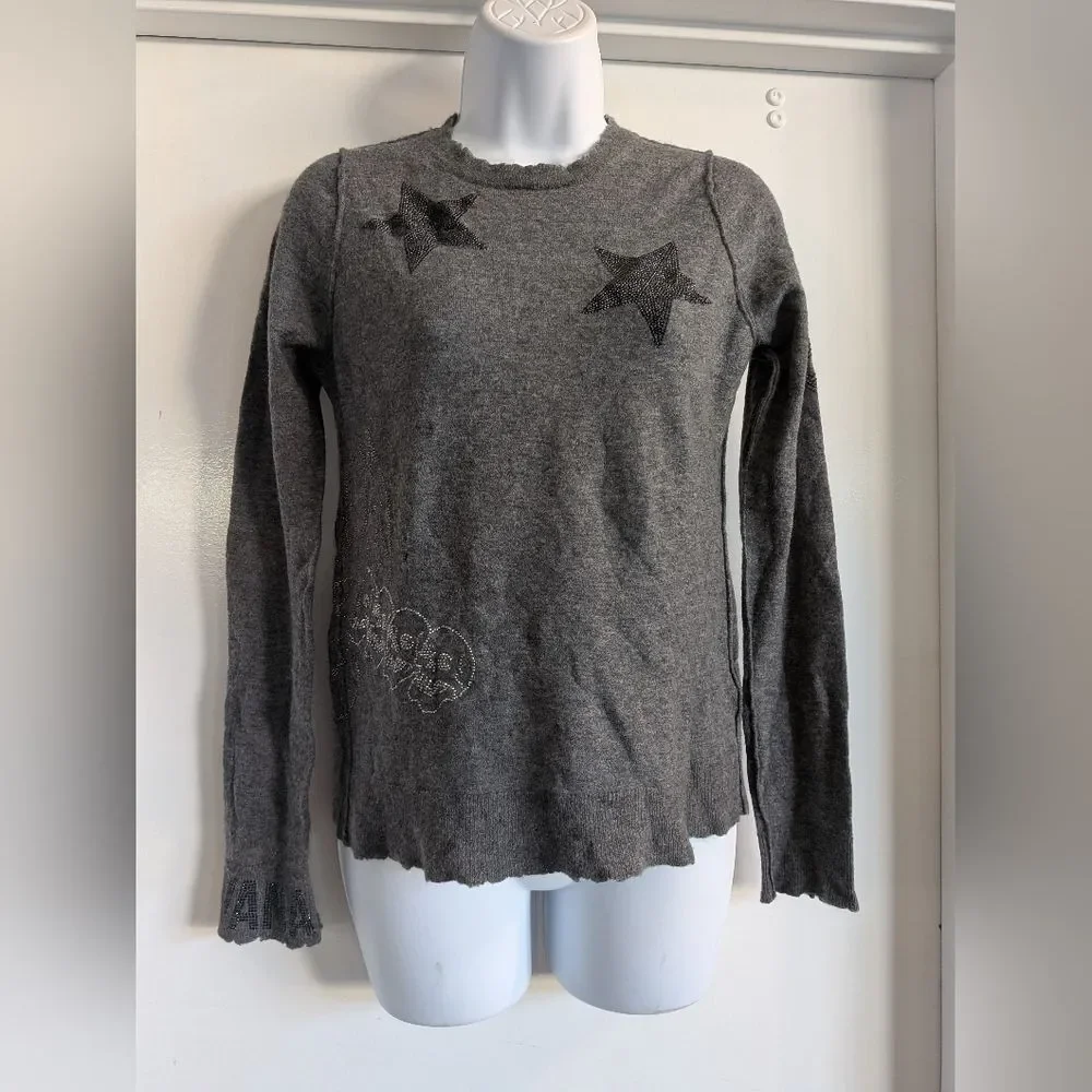 Zadig & Voltaire Gray Cashmere And Beaded Star And Skull Luxury Medium - Picture 2 of 7